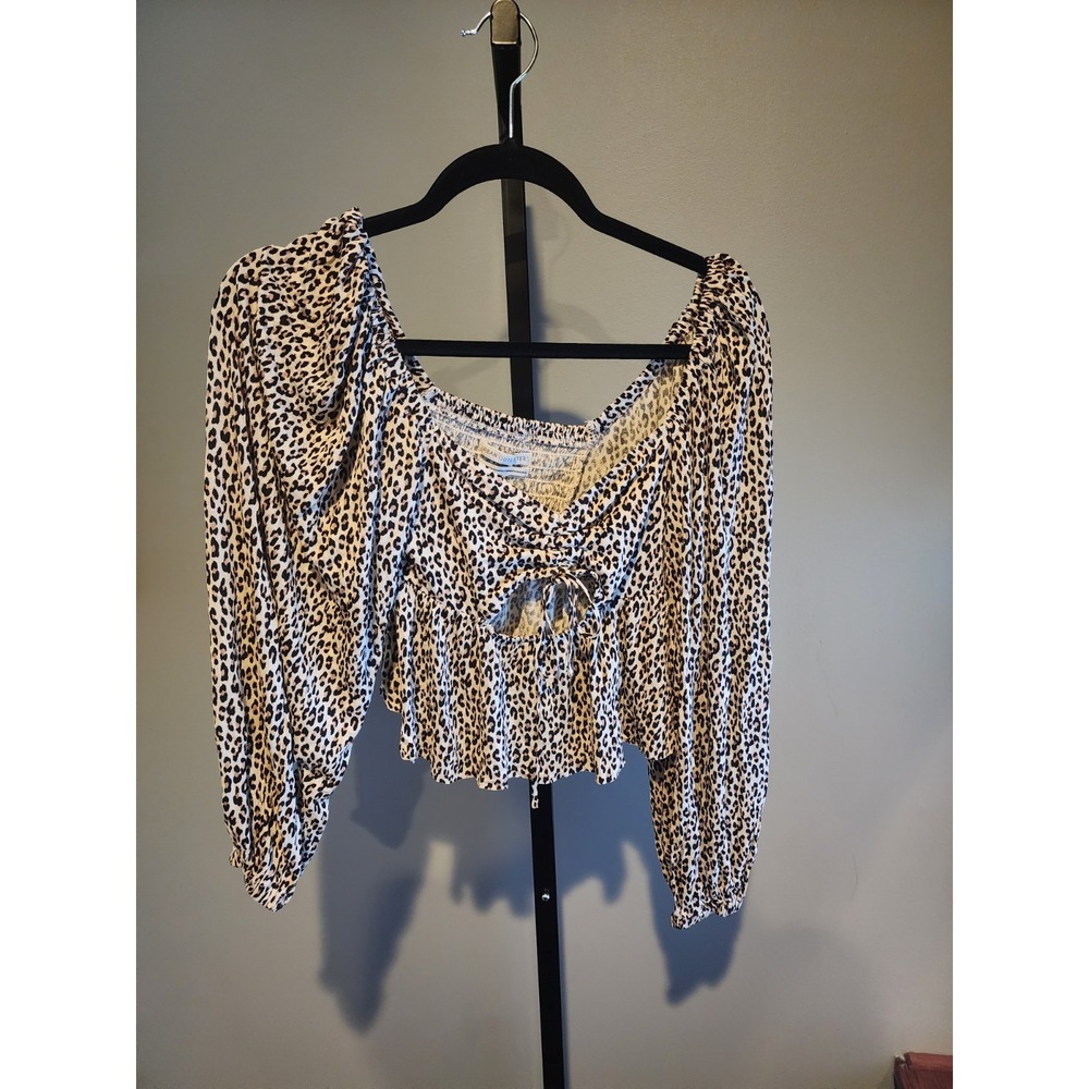 Urban Outfitters Crop Top Women's Medium Leopard Print Balloon Sleeve Keyhole